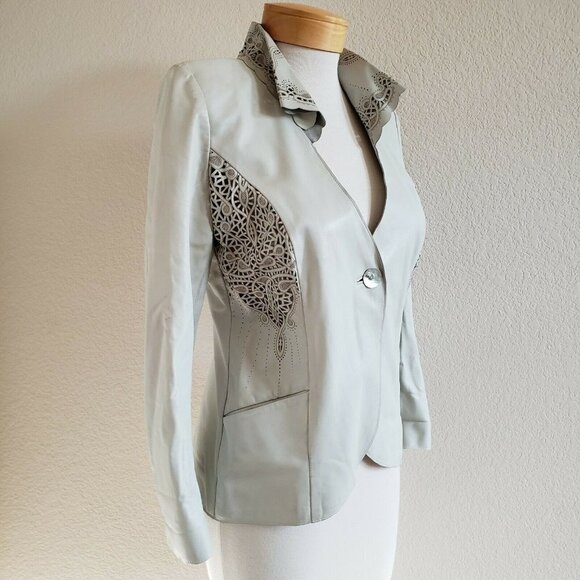 Vera Pelle Jackets & Blazers - RARE Vera Pelle Lasercut Side Panel Real Soft Leather Collared Seafoam Jacket S*
